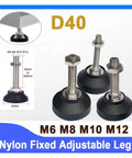 Heavy Duty Adjustable Leveling Feet With Swivel Articulating Base Tough As Nails Lathe Leg And Foot Pad No Sweat Setup Rock Steady Support M12 Thread 1 Piece showing adjustable nylon leg with rubber base.