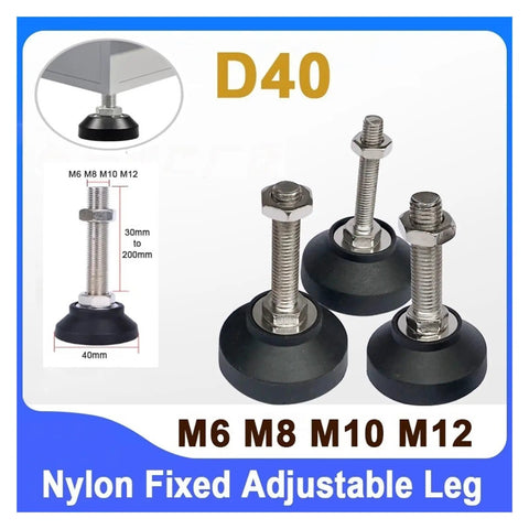Heavy Duty Adjustable Leveling Feet With Swivel Articulating Base Tough As Nails Lathe Leg And Foot Pad No Sweat Setup Rock Steady Support M12 Thread 1 Piece showing adjustable nylon leg with rubber base.