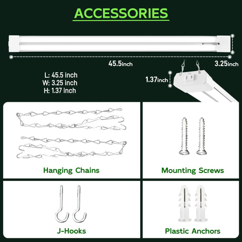 4 Foot LED Shop Light With Reflector For Garage Tasks, 3CCT Selectable, 5500LM, accessories including chains, screws, hooks.