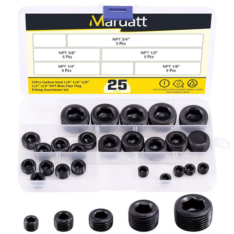 NPT Pipe Plug Set Pro Grade 25 Pieces, Carbon Steel Male Thread Plugs, One Eighth Inch To Three Quarters Inch, Internal Allen Head, Pipe Thread Assortment Kit In Durable Storage Case