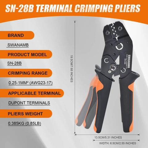 Self Adjusting Ratchet Crimping Tool Kit For AWG 23 To 17 Wire With 2.54mm Dupont Terminal Connectors showing SN-28B model
