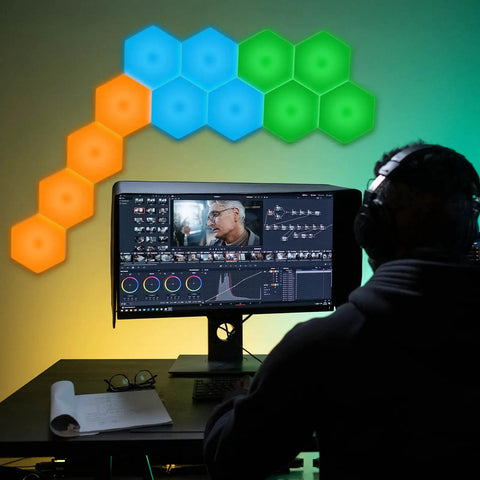 Hexagon LED Wall Panels 6 Pack With Remote And Touch Control, 13 Color RGB Modular DIY Wall Lights in game room setup