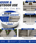 Heavy Duty Concrete Crack Filler For Outdoor Patios And Floors Joint Repair Glue in a tub with before and after images for step restoration.