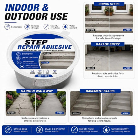 Heavy Duty Concrete Crack Filler For Outdoor Patios And Floors Joint Repair Glue in a tub with before and after images for step restoration.