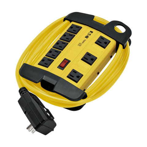 Garage-Grade Heavy-Duty Power Strip With GFCI, 8 Outlets, 25 Foot Cord, Yellow Metal Housing, Industrial Workbench Ready, Wide Spaced Sockets