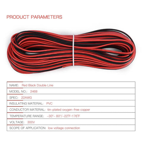 Coiled 65.6ft 22AWG low voltage extension cable, 22/2 black and red wire, tin plated copper, flame retardant PVC, for LED electronics.
