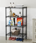 Beefy 4 Tier Wire Storage Shelves With 200 Lbs Per Shelf Capacity, Heavy Duty Steel Rack With Black Finish For Kitchen, Garage, Pantry, And Workshop Organization. Black four-tier wire shelf holding towels, bottles, laundry items, and baskets in a bathroom.