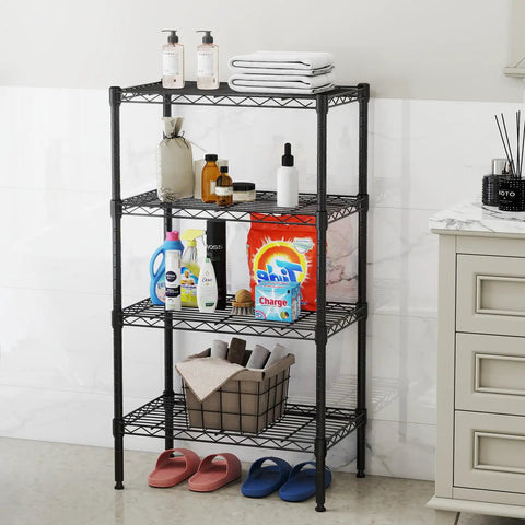 Beefy 4 Tier Wire Storage Shelves With 200 Lbs Per Shelf Capacity, Heavy Duty Steel Rack With Black Finish For Kitchen, Garage, Pantry, And Workshop Organization. Black four-tier wire shelf holding towels, bottles, laundry items, and baskets in a bathroom.