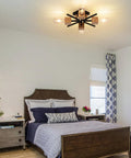 Cool 4 Light Sputnik Ceiling Light Fixture Black Flush Mount With Wood Base, Modern Farmhouse Style in bedroom setting