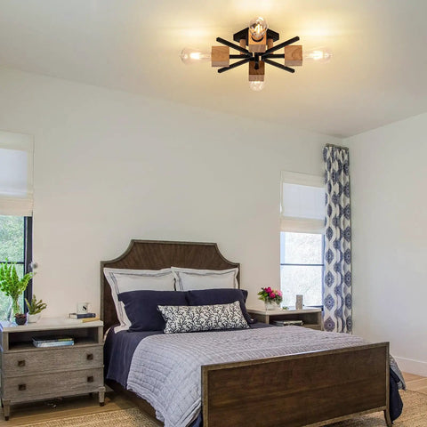 Cool 4 Light Sputnik Ceiling Light Fixture Black Flush Mount With Wood Base, Modern Farmhouse Style in bedroom setting