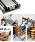 Collage of soft close drawer slides 30 inch, close-ups with measuring tools, installed in kitchen cabinets and furniture.