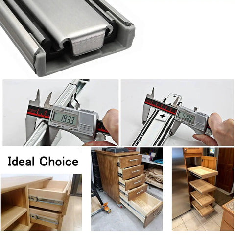 Collage of soft close drawer slides 30 inch, close-ups with measuring tools, installed in kitchen cabinets and furniture.