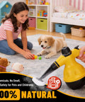 No Nonsense Heavy Duty Handheld Steam Cleaner Straight Up Killer Performance 475 Ml Tank with girl and puppy, cleaning toys on the carpet.