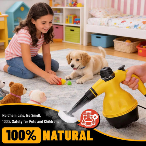 No Nonsense Heavy Duty Handheld Steam Cleaner Straight Up Killer Performance 475 Ml Tank with girl and puppy, cleaning toys on the carpet.