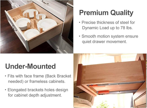 Open kitchen drawer showing Full Extension 20 Inch Drawer Slides with metal ball bearing rails and wooden interior with plates.