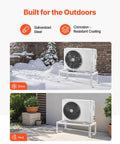 Heavy Duty Mini Split Ground Stand With Adjustable Anti Vibration Support For 9000 To 24000 BTU Ductless AC Heat Pump Galvanized Steel Floor Mount Bracket Up To 551 Lbs Load Capacity in snowy and sunny conditions, showing durability and resilience.