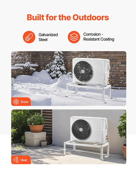 Heavy Duty Mini Split Ground Stand With Adjustable Anti Vibration Support For 9000 To 24000 BTU Ductless AC Heat Pump Galvanized Steel Floor Mount Bracket Up To 551 Lbs Load Capacity in snowy and sunny conditions, showing durability and resilience.
