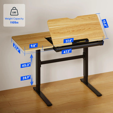 Flexispot Electric Drafting Table With Adjustable Height And Tilting Top 47.2 By 23.6 Inches showing dimensions and storage drawer.