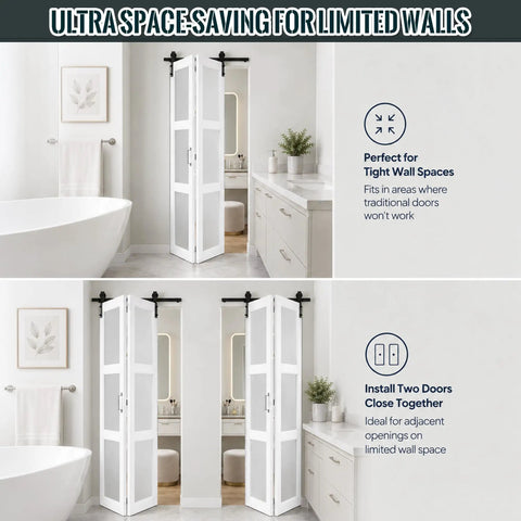Upgrade Your Living Space With These Kickback Style Bifold Barn Doors Featuring Smooth Gliding Frosted Glass Panels 28X84 Inches for tight wall spaces.