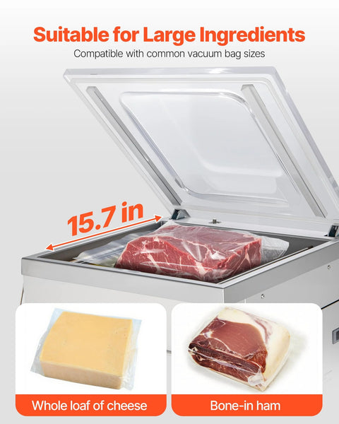 VEVOR chamber vacuum sealer, stainless steel kitchen appliance, open lid with meat inside