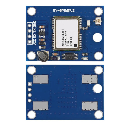 Top and bottom view of Six Pack GY-NEO6MV2 Neo-6M GPS Module for Drones and DIY Projects 3V-5V Compatible Ceramic Antenna EEPROM Ready.
