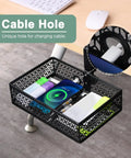 Heavy Duty Clamp On Under Desk Organizer Basket With 360 Degree Rotation Non Slip Pad Hanging Mount Space Saving Storage Tray For Home Office Studio Bedroom Or Dorm Black showing cable hole and accessories in mesh tray