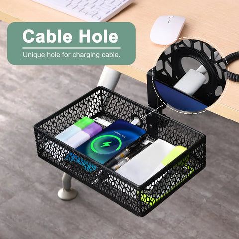 Heavy Duty Clamp On Under Desk Organizer Basket With 360 Degree Rotation Non Slip Pad Hanging Mount Space Saving Storage Tray For Home Office Studio Bedroom Or Dorm Black showing cable hole and accessories in mesh tray