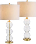 Clear Glass Triple-Sphere Table Lamps Set Of 2 With Brass Accents And White Linen Shade 27-Inch Tall Modern Bedside Lamps