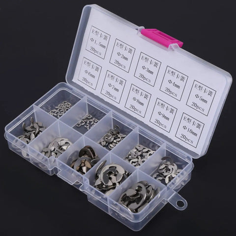 Assortment E Clips Kit 200 Piece Set 304 Stainless Steel External Retaining Rings 1.5 To 10 Mm Range For Shaft And Axle Repair Ideal For Your Home Workshop, open box view