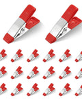 20 Pack Mini Spring Clamps With Protective Rubber Tips, Rock Solid Metal Craft Tools For Woodworking And Photo Backdrop Setup, Heavy Duty Quick Grips, No Sweat Fastening, Top Shelf Craft Essentials. Set of red and silver mini clamps on a light background.