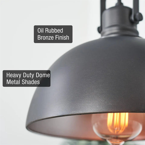 Close-up of dome shade in oil rubbed bronze finish from 34 Inch Three Light Industrial Kitchen Island Pendant With Dome Shade Lighting Swivel Joints Brushed Nickel Finish Modern Farmhouse Style Chandelier For Kitchen Bar And Breakfast Nook Sleek And Functional.