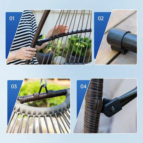 Assembly details of Cozy Outdoor Hanging Egg Chair With Stand And UV Resistant Cushion Indoor Outdoor Swing Seat.