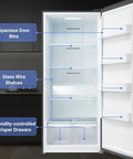 Huge 21 Cube Upright Freezer No Sweat Frost Free Top Tier Stainless Housing with spacious door bins and glass shelves.