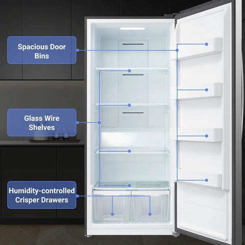 Huge 21 Cube Upright Freezer No Sweat Frost Free Top Tier Stainless Housing with spacious door bins and glass shelves.