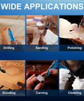 Esakoya cordless rotary tool, blue body; six uses: drilling, sanding, polishing, grinding, carving, cleaning.