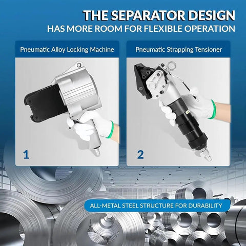 Pro Grade Pneumatic Steel Strapping Machine With Split Tensioner Sealer 19Mm Metal Banding Tool, features alloy locking and tensioning.