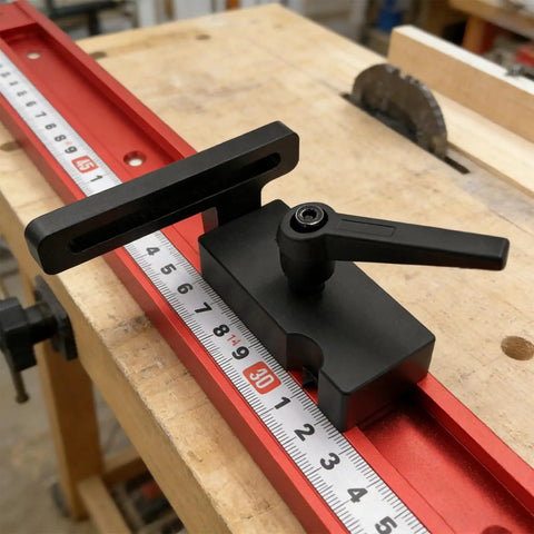 Aluminum Stop Block for Miter Track and 45 Type Positioner on red miter guide with millimeter scale, woodworking setup