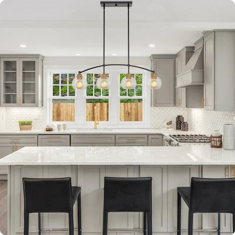 Industrial Farmhouse Island Light With Clear Glass Globe Shades 34 Inch Four Light Modern Linear Pendant Fixture in kitchen