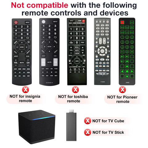 Image showing remote controls and devices not compatible with the Universal Replacement Remote For All Insignia Toshiba Pioneer TVs.