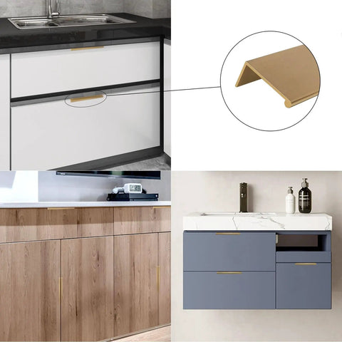 Collage: 10 Pack 5 Inch Champagne Bronze Cabinet Pulls Finger Pulls Brushed Bronze Edge Pulls for Kitchen Cabinets 128mm