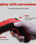 Hand holding S&F Stead Fast Electric Box Cutter 4V Cordless Power Scissors, showing safety switch and trigger instructions.