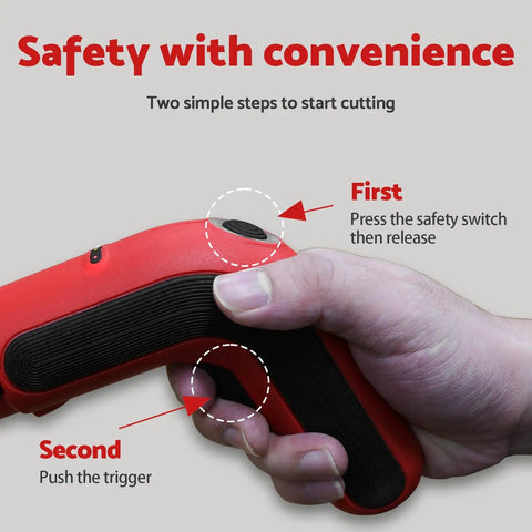 Hand holding S&F Stead Fast Electric Box Cutter 4V Cordless Power Scissors, showing safety switch and trigger instructions.