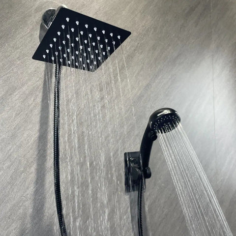 High Pressure 8 Inch Square Rain Shower Head With Handheld, 304 Stainless Steel, Matte Black Finish, Wall Mounted