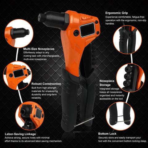 4 In 1 Beefy Rivet Gun Kit For Metal with 200 Blind Rivets showing ergonomic grip and interchangeable nosepieces