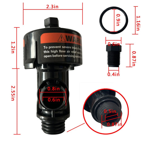 High-flow air relief valve for pool and spa filter; black plastic, 1-pack with O-ring
