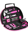 Pink 89 Piece Ladies Hand Tool Set With Easy Carry Round Pouch For Do It Yourself Home Maintenance And Dorm Room Repairs Girl Friendly Tool Kit For Everyday Projects displaying organized tools in pouch.