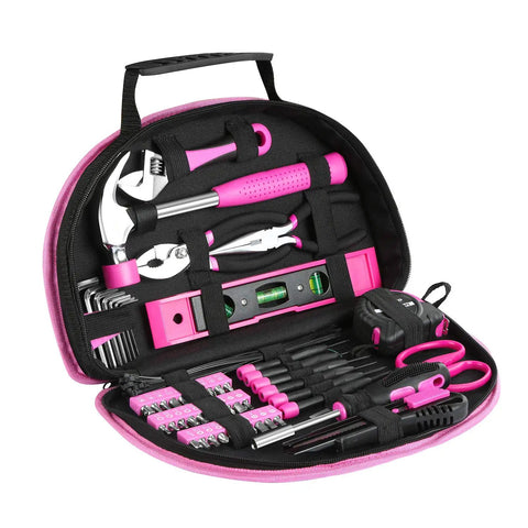 Pink 89 Piece Ladies Hand Tool Set With Easy Carry Round Pouch For Do It Yourself Home Maintenance And Dorm Room Repairs Girl Friendly Tool Kit For Everyday Projects displaying organized tools in pouch.