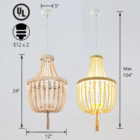 12 Inch Wood Beaded Chandelier Boho Pendant Light for Living Room Kitchen Hallway Nursery Bedroom, unlit and lit view