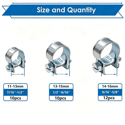 Fuel Line Clamp Set For Auto Marine And Truck Dope High Pressure Zinc Plated Fuel Injection Hose Clamps In Handy Plastic Storage Box Three Size Pack One Quarter Inch Five Sixteenths Inch Three Eighth Inch showing clamp sizes of 11-13mm, 13-15mm, and 14-16mm.