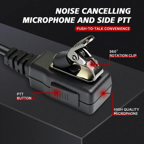 Close-up of noise-canceling microphone with side PTT button and rotation clip for G Shape Earpiece Walkie Talkie Mic Headset For Ham Radio.